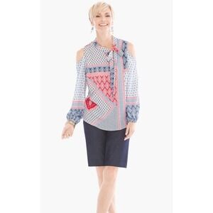 Chicos Bohemian Elements‎ Cold-Shoulder Tie Neck Ladies Career Blouse, 2, L